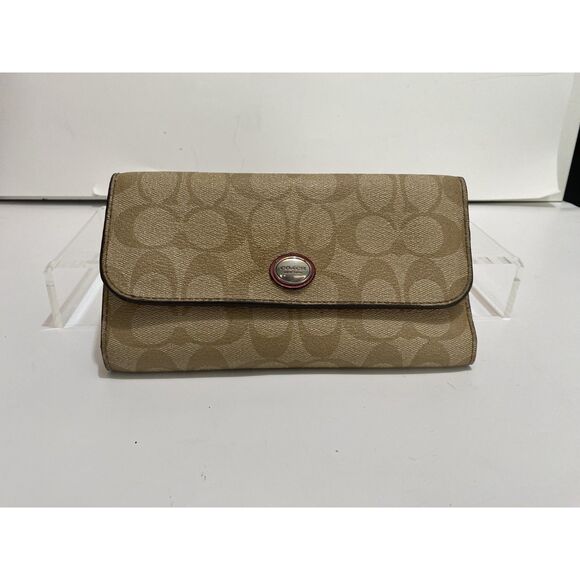 Coach Beige Monogram Exterior Pink Interior Vinyl Canvas Payton Wallet Pre-Owned - Picture 1 of 3